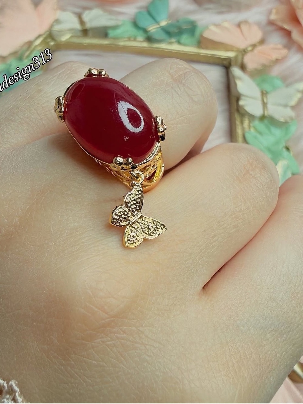 Red gemstone ring with butterfly size 10